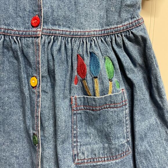 [Oshkosh Collection] Blue Denim Button Down Dress Paint Brushes Pockets Girls 5 - Picture 3 of 7